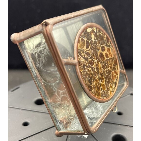 Turritella Agate / Fossil Hand Made Brass Glass Mirror Jewelry Box 1984 (2-3/4) - Picture 10 of 12